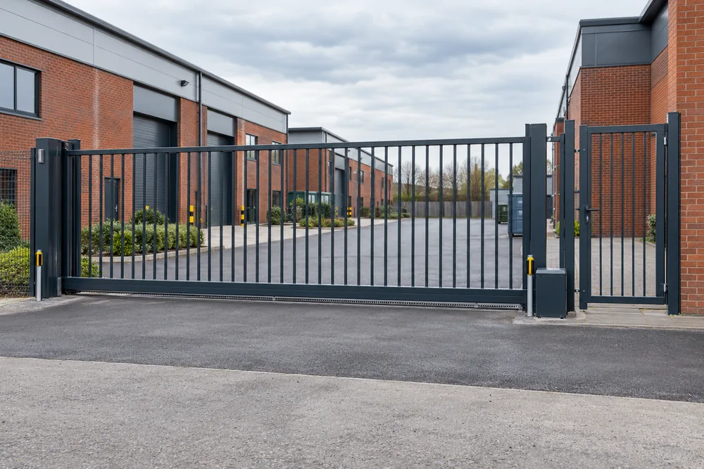 Sliding gate with a separate pedestrian entrance at a commercial estate