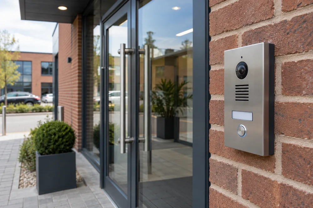 Video intercom beside a glazed business entrance