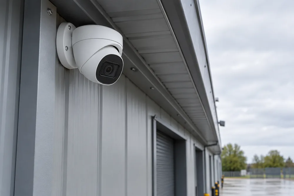 Turret CCTV camera mounted below a commercial warehouse roof
